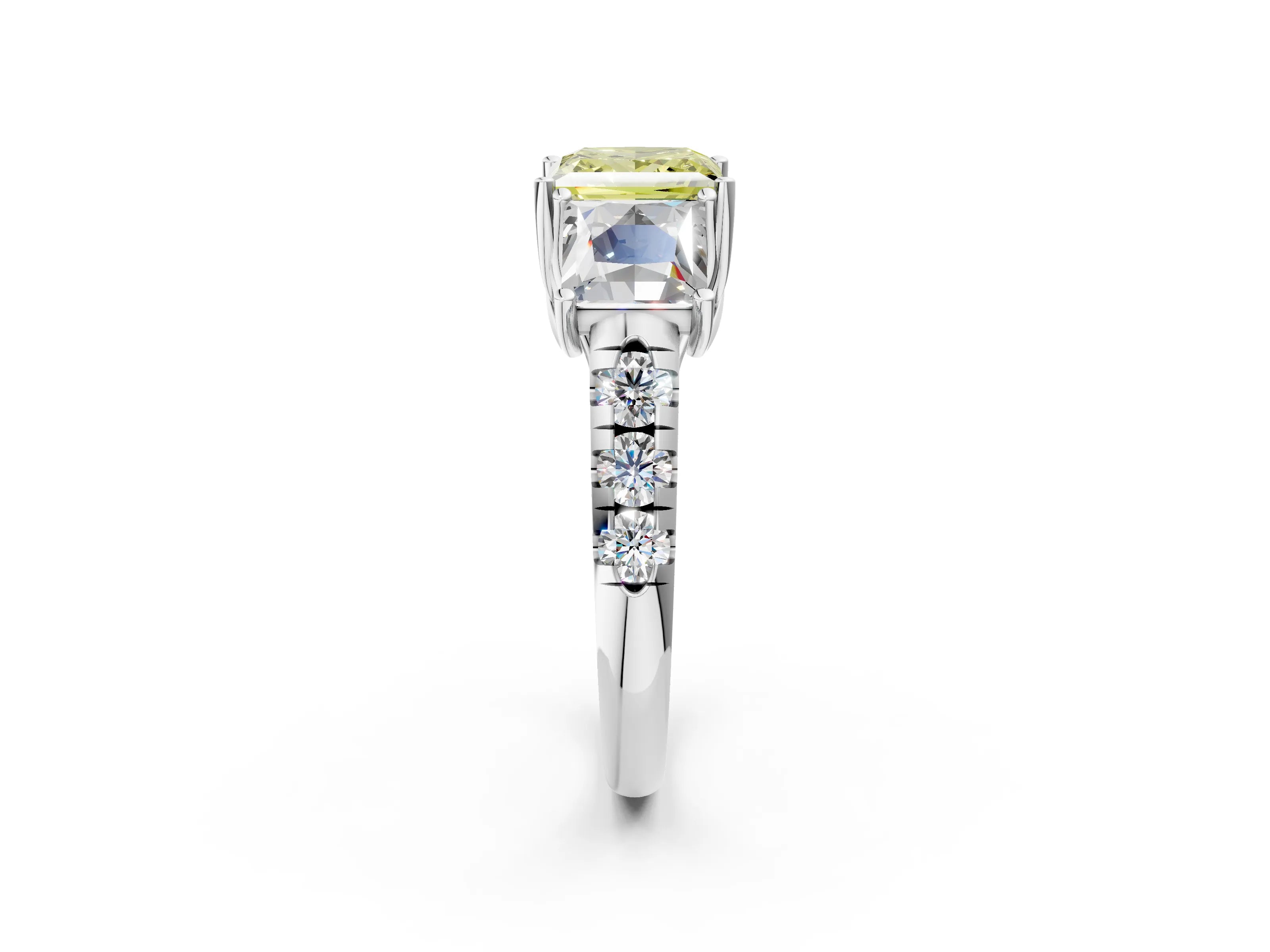 White gold Three-Stone Fancy Yellow Princess Cut Diamond Pavé Band with Prong Setting_14