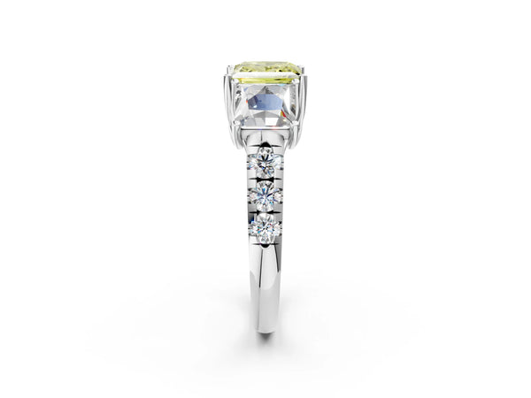 Platinum Three-Stone Fancy Yellow Princess Cut Diamond Pavé Band with Prong Setting