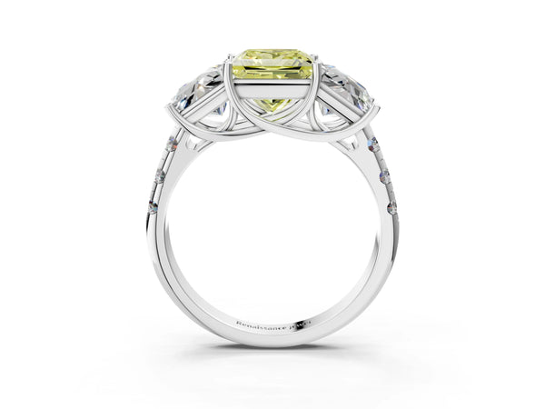 Platinum Three-Stone Fancy Yellow Princess Cut Diamond Pavé Band with Prong Setting