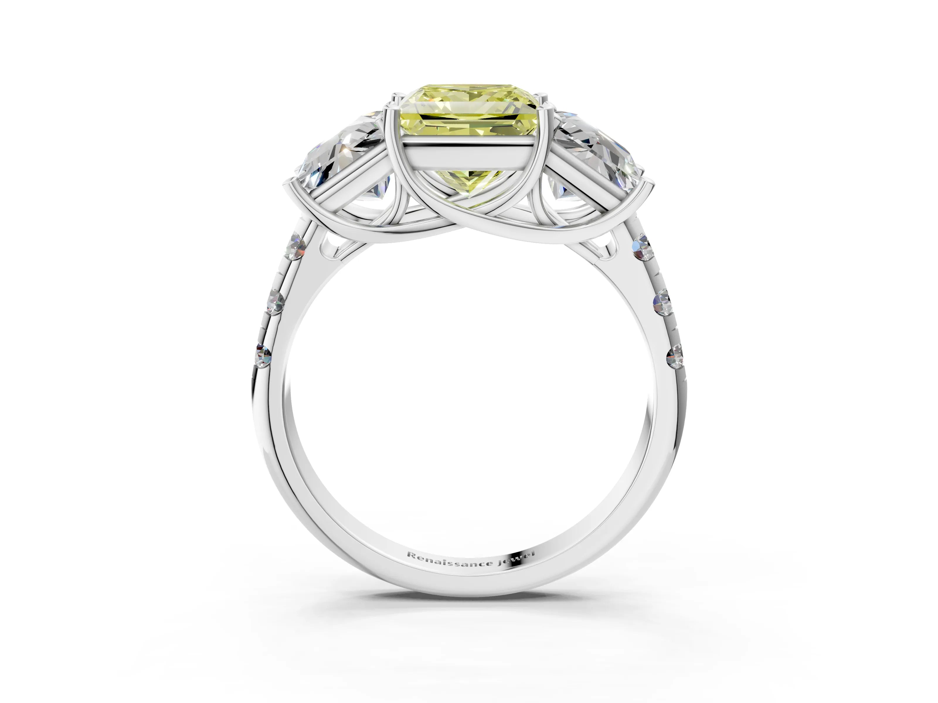 White gold Three-Stone Fancy Yellow Princess Cut Diamond Pavé Band with Prong Setting_15
