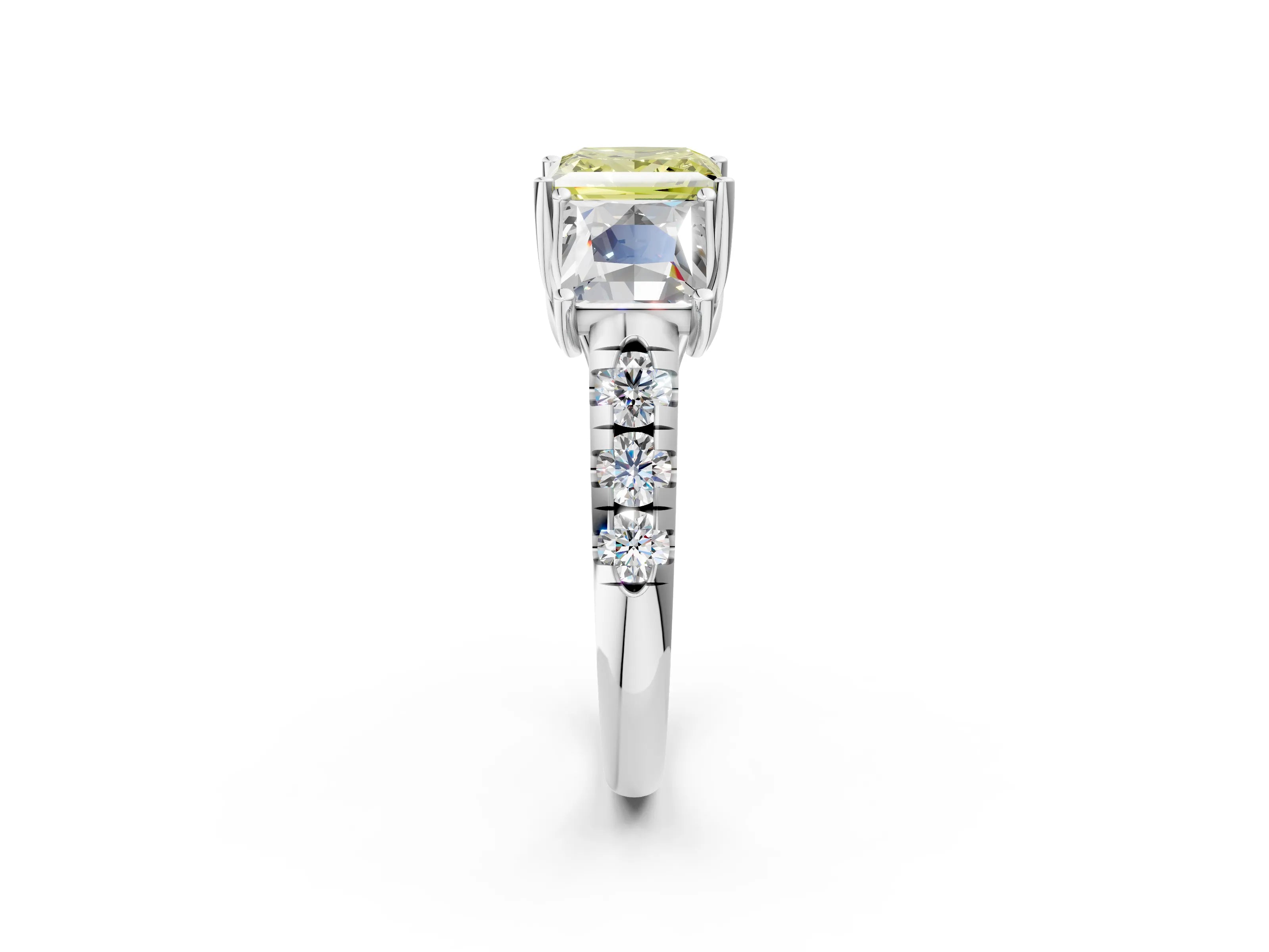 White gold Three-Stone Fancy Yellow Princess Cut Diamond Pavé Band with Prong Setting_2