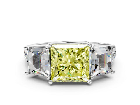 White gold Three-Stone Fancy Yellow Princess Cut Diamond Pavé Band with Prong Setting