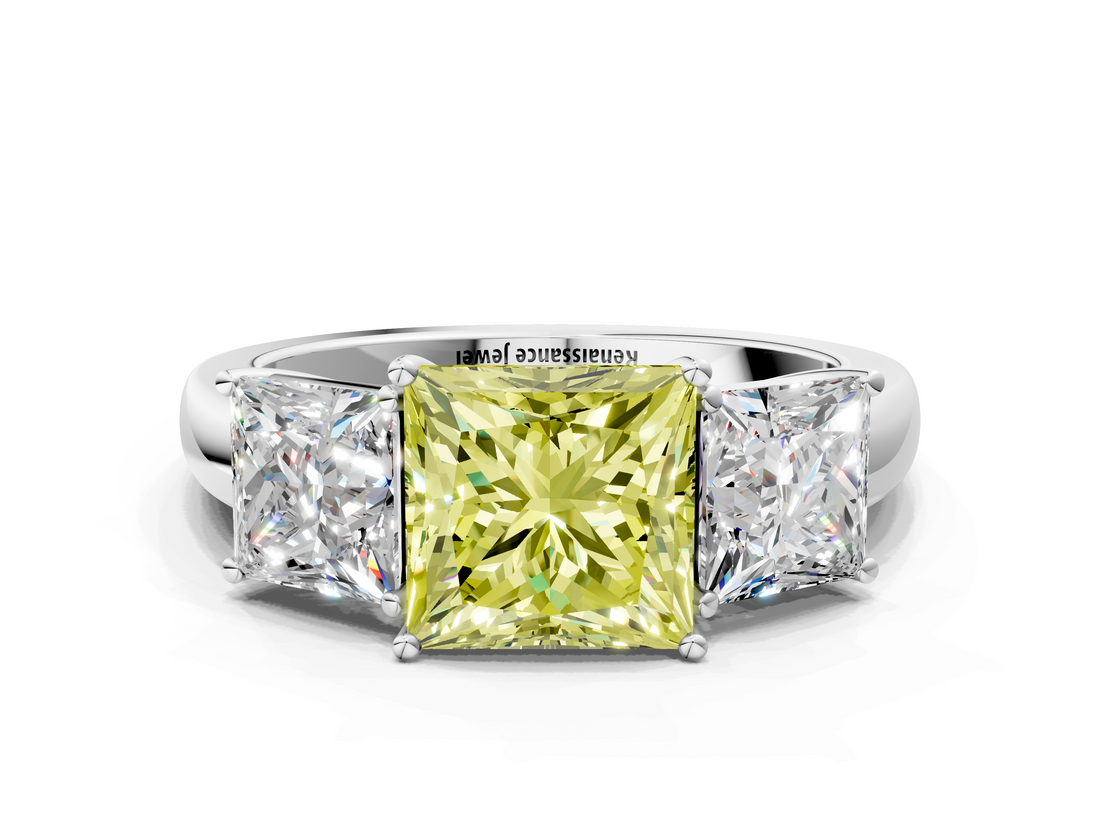 White gold Three-Stone Fancy Yellow Princess  Cut Diamond Ring with Channel-Set Band and Four-Prong Setting_17