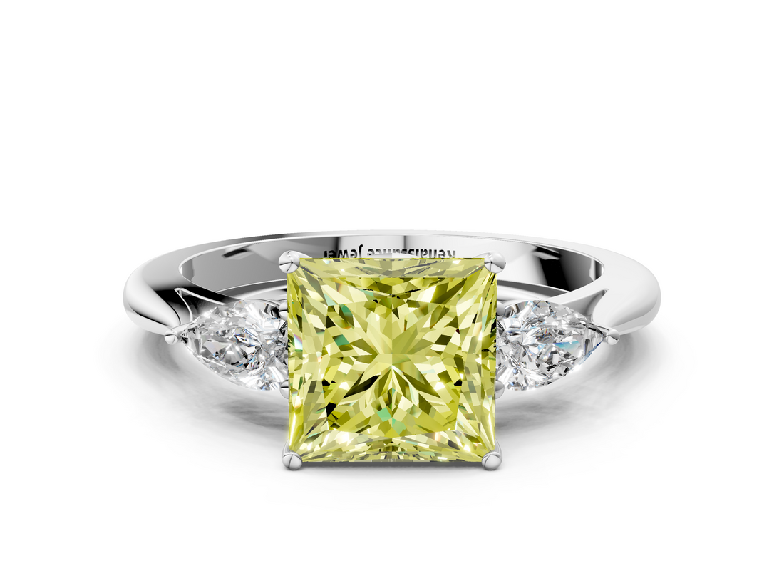 White gold Three-Stone Fancy Yellow Princess  Cut Diamond Ring with Pear Side Stones in Four-Prong Setting