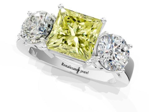 White gold Three-Stone Fancy Yellow Princess Cut Diamond Ring with Round Side Stones, Classic Band, and Four-Prong Setting_31