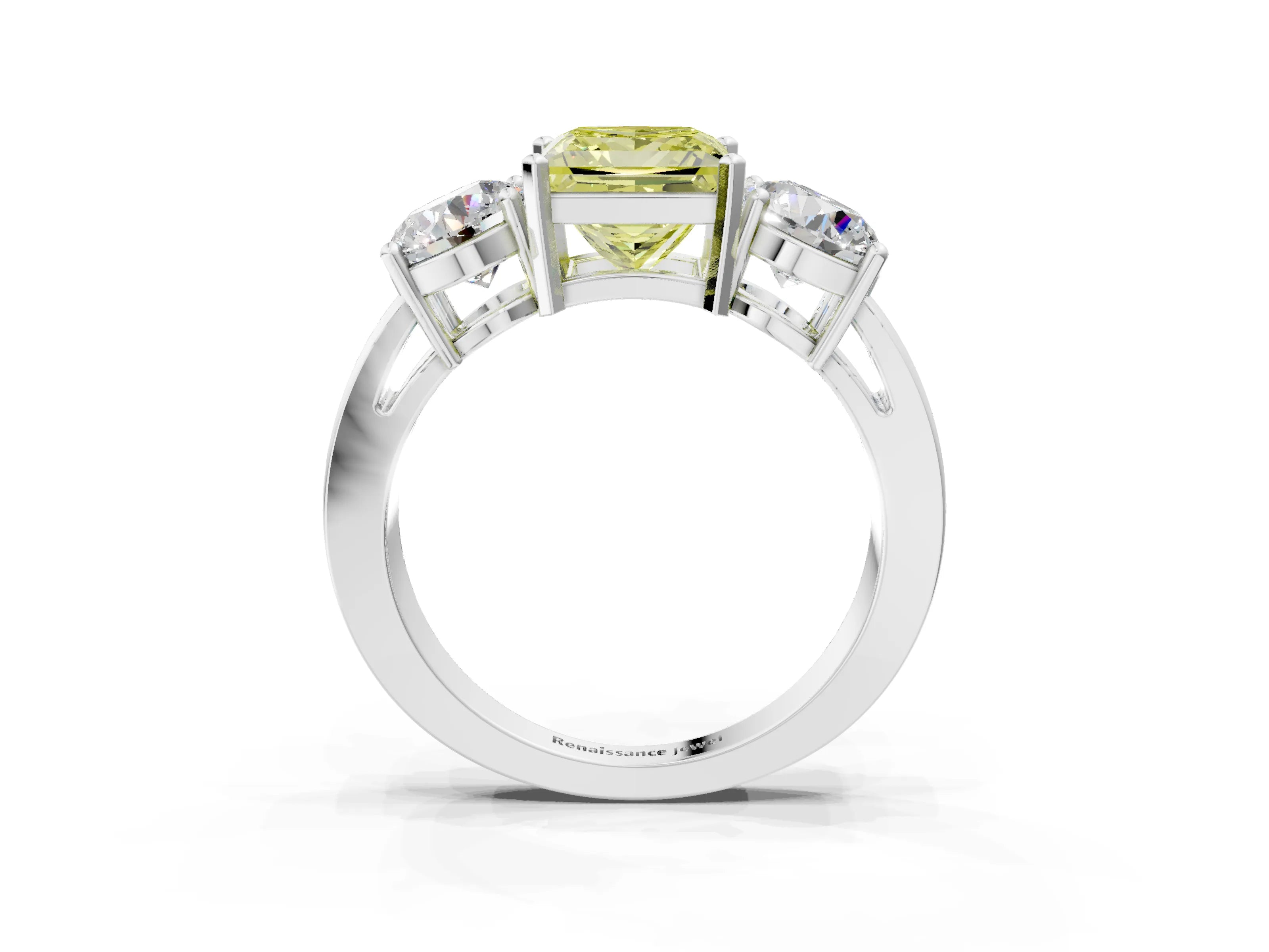 White gold Three-Stone Fancy Yellow Princess Cut Diamond Ring with Round Side Stones, Classic Band, and Four-Prong Setting_33