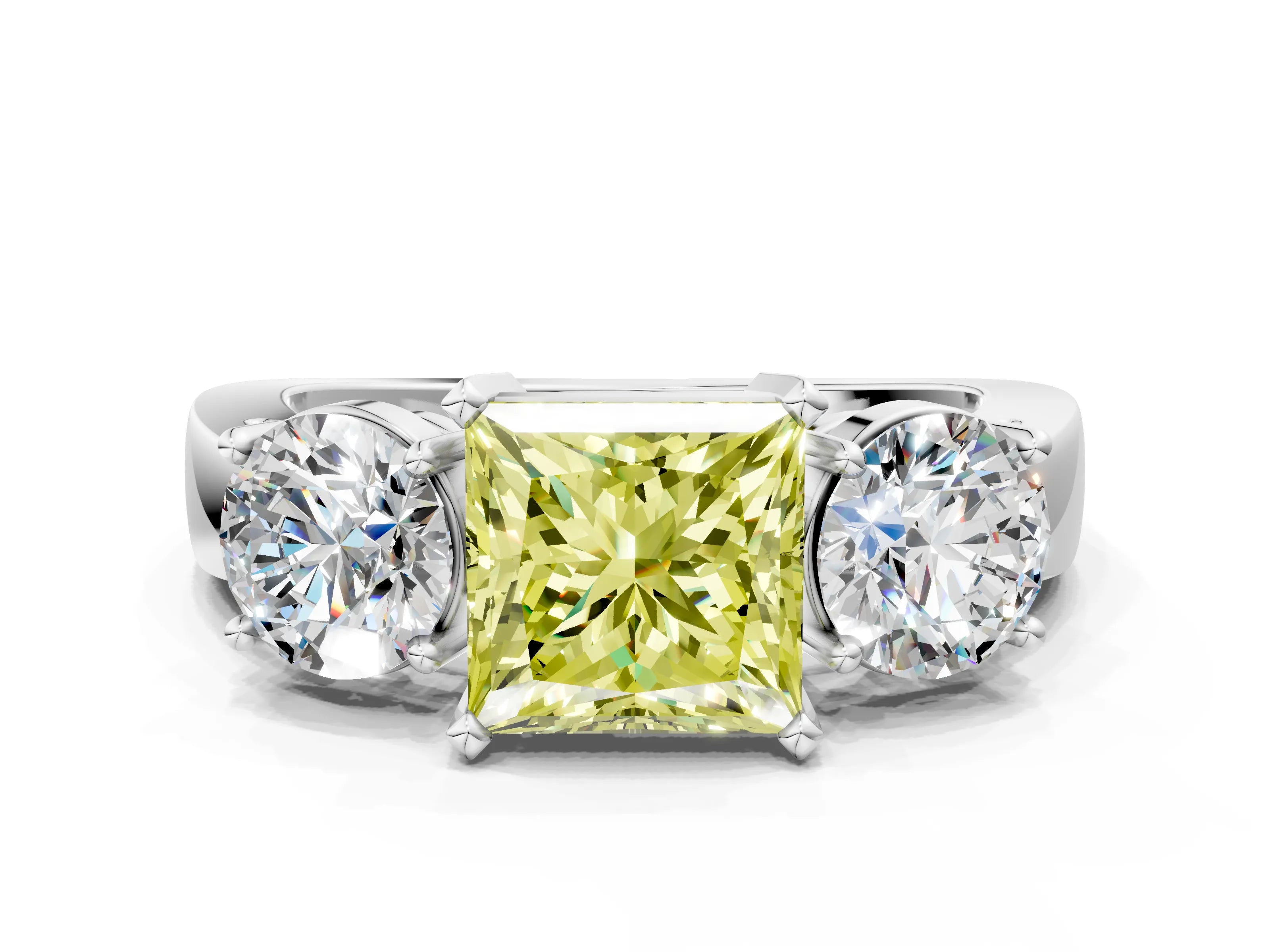 White gold Three-Stone Fancy Yellow Princess Cut Diamond Ring with Round Side Stones, Classic Band, and Four-Prong Setting_34