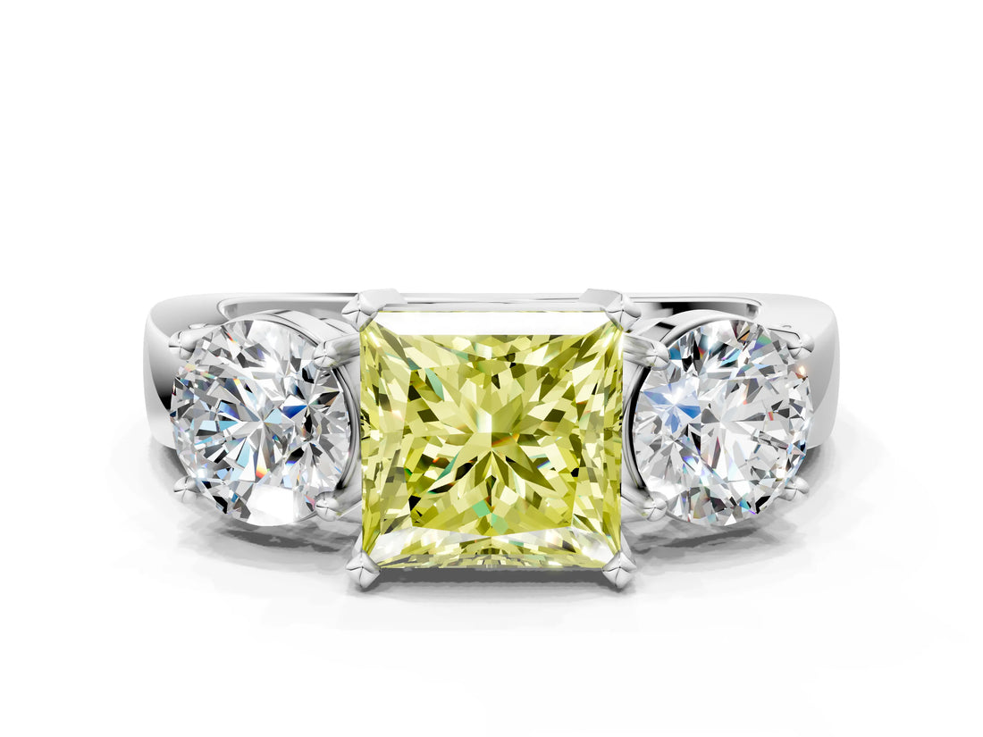 White gold Three-Stone Fancy Yellow Princess Cut Diamond Ring with Round Side Stones, Classic Band, and Four-Prong Setting_36