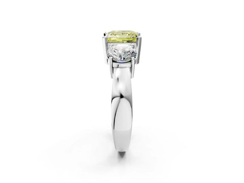 White gold Three-Stone Fancy Yellow Princess Cut Diamond Ring with Round Side Stones, Classic Band, and Four-Prong Setting_36