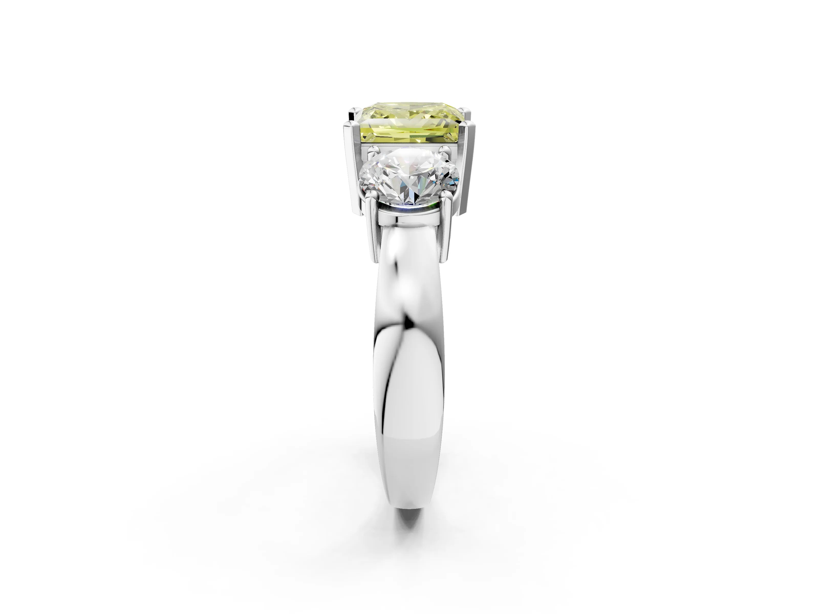 White gold Three-Stone Fancy Yellow Princess Cut Diamond Ring with Round Side Stones, Classic Band, and Four-Prong Setting_38