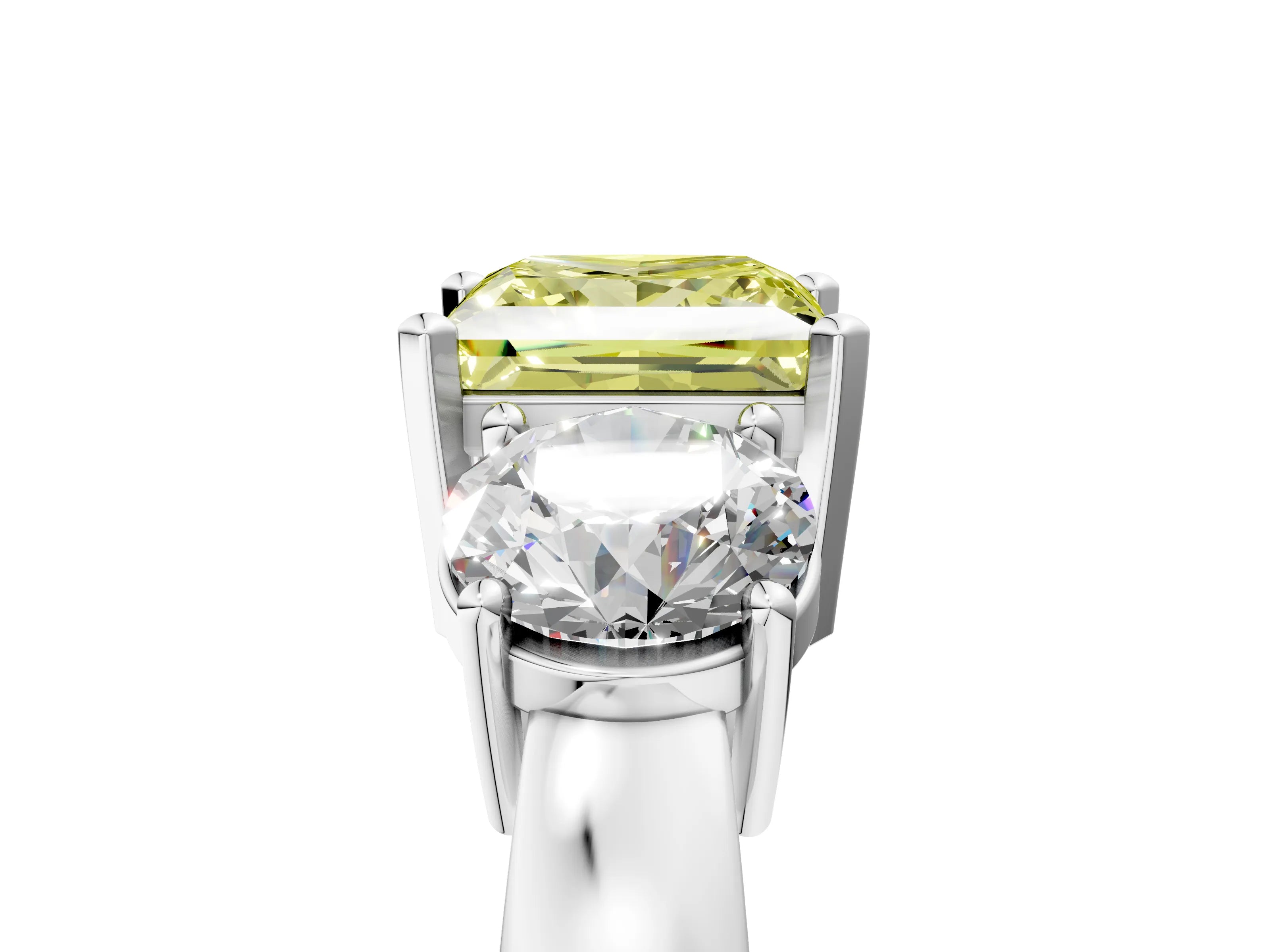 White gold Three-Stone Fancy Yellow Princess Cut Diamond Ring with Round Side Stones, Classic Band, and Four-Prong Setting_39