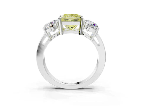 White gold Three-Stone Fancy Yellow Princess Cut Diamond Ring with Round Side Stones, Classic Band, and Four-Prong Setting_39