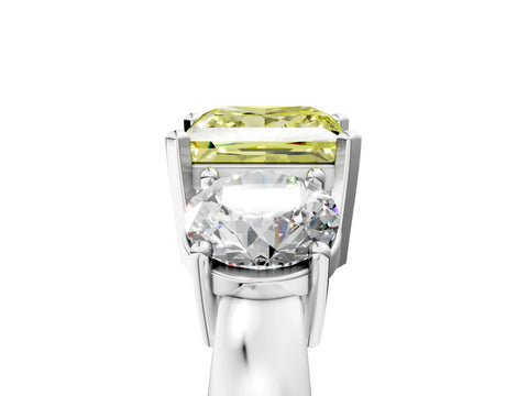 White gold Three-Stone Fancy Yellow Princess Cut Diamond Ring with Round Side Stones, Classic Band, and Four-Prong Setting_41