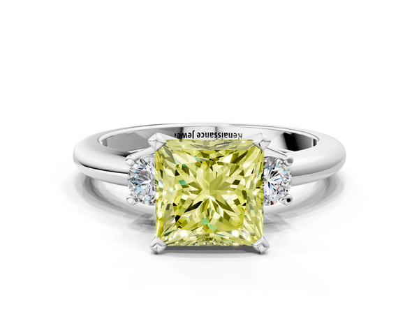 White gold Three-Stone Fancy Yellow Princess  Cut Diamond Solitaire with Prong Setting and Classic Band