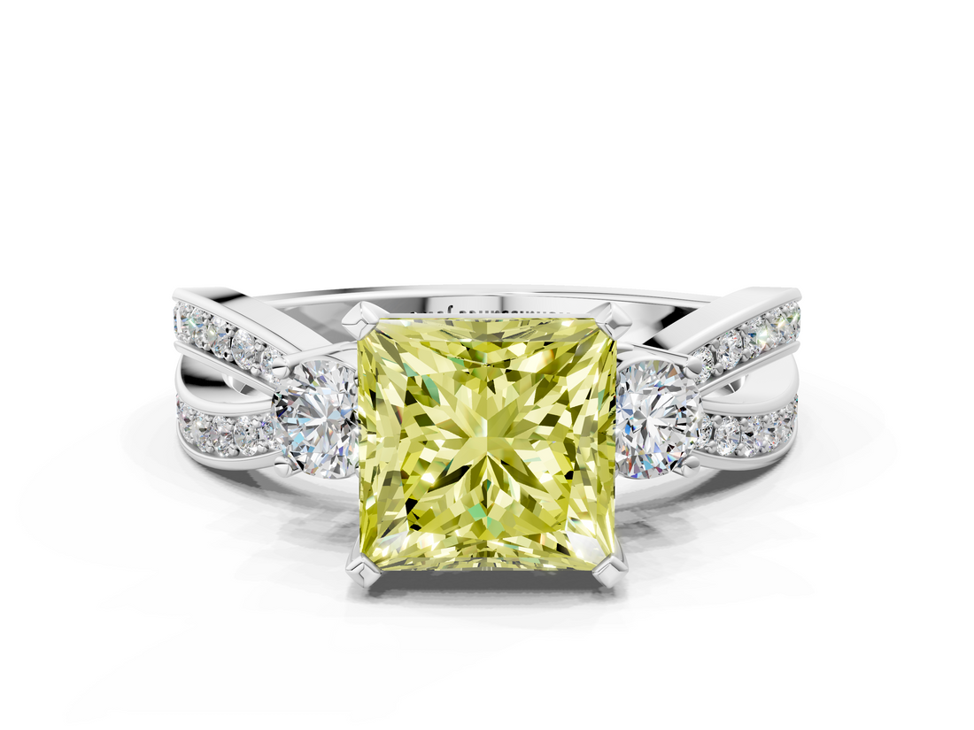 White gold Three-Stone Fancy Yellow Princess  Cut Diamond Twist Band with Prong Setting