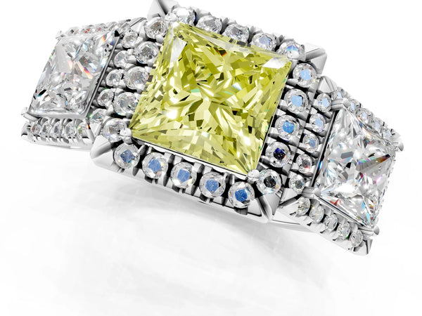 White gold Three-Stone Fancy Yellow Princess Cut Halo Diamond Ring with Pave Band and Four-Prong Setting