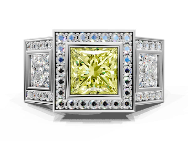 Platinum Three-Stone Fancy Yellow Princess Cut Halo Pavé Diamond Ring