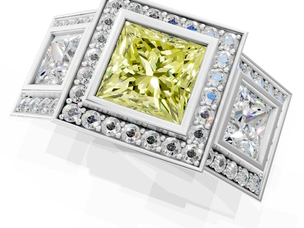 Platinum Three-Stone Fancy Yellow Princess Cut Halo Pavé Diamond Ring