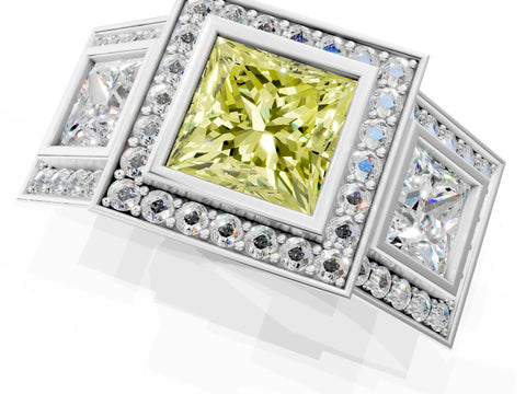 White gold Three-Stone Fancy Yellow Princess Cut Halo Pavé Diamond Ring_1