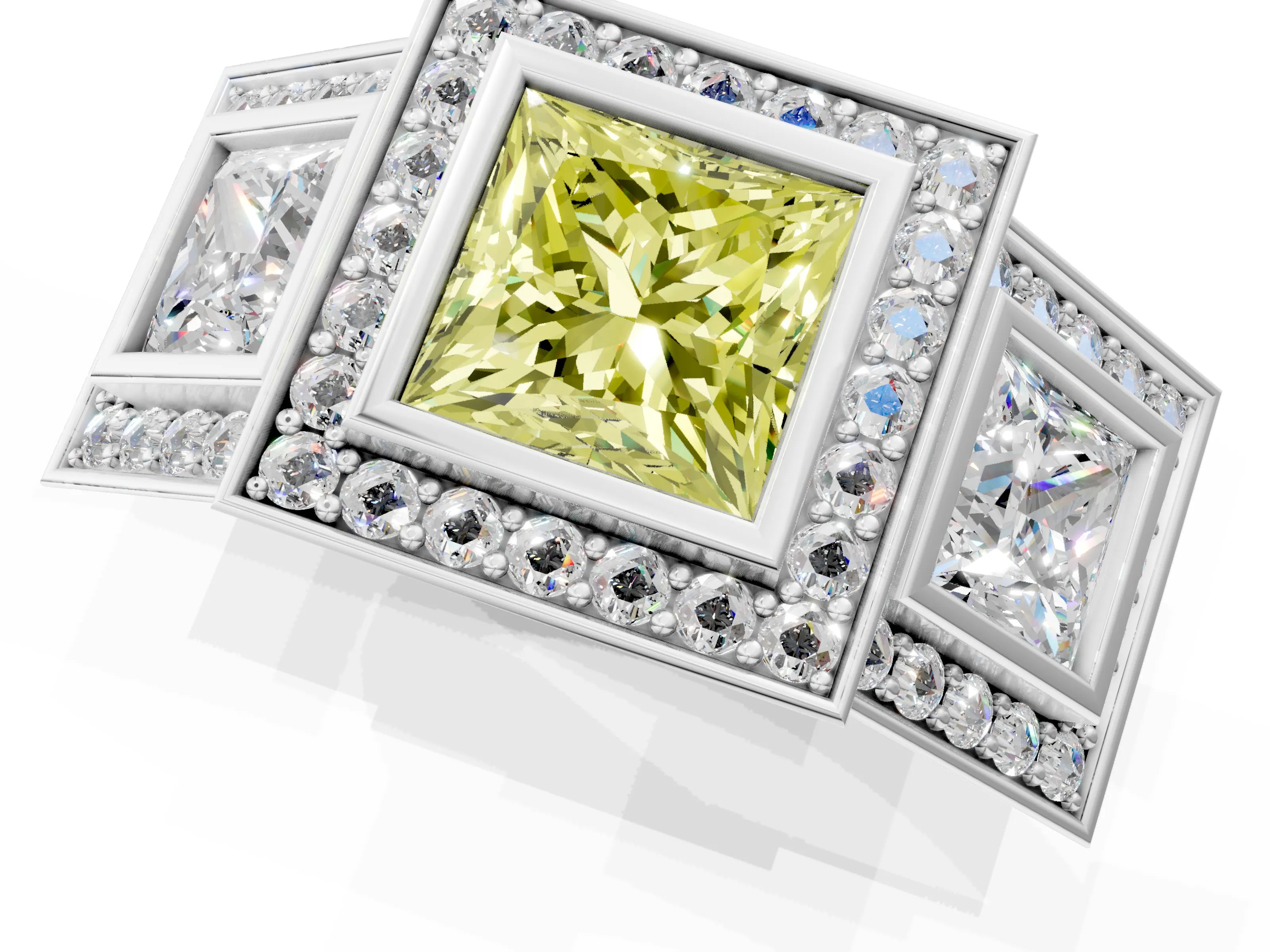 White gold Three-Stone Fancy Yellow Princess Cut Halo Pavé Diamond Ring_1