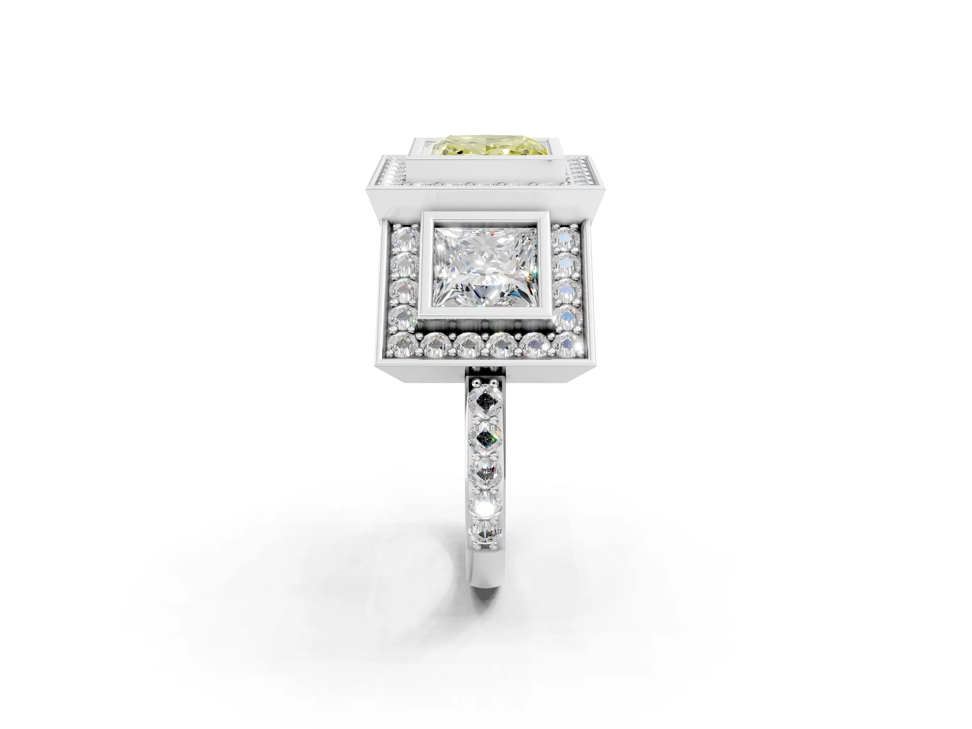 White gold Three-Stone Fancy Yellow Princess Cut Halo Pavé Diamond Ring_2