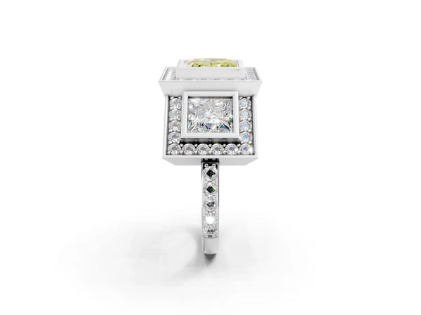 Platinum Three-Stone Fancy Yellow Princess Cut Halo Pavé Diamond Ring