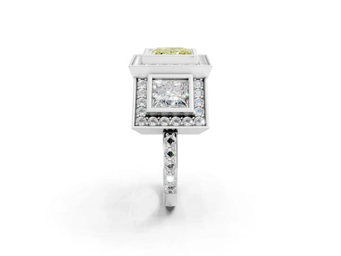 White gold Three-Stone Fancy Yellow Princess Cut Halo Pavé Diamond Ring_2