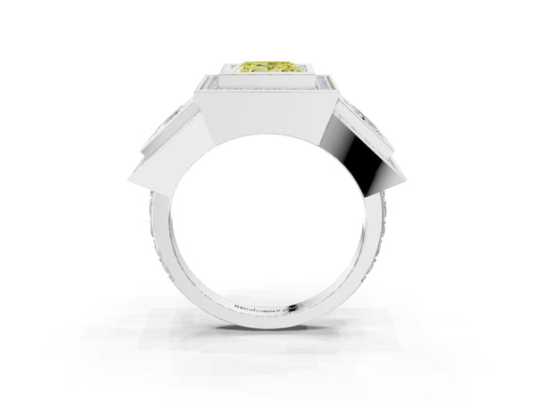 Platinum Three-Stone Fancy Yellow Princess Cut Halo Pavé Diamond Ring