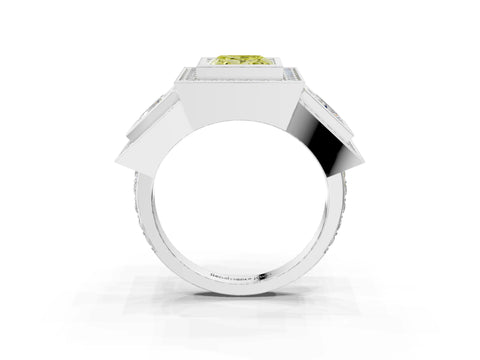 White gold Three-Stone Fancy Yellow Princess Cut Halo Pavé Diamond Ring_3