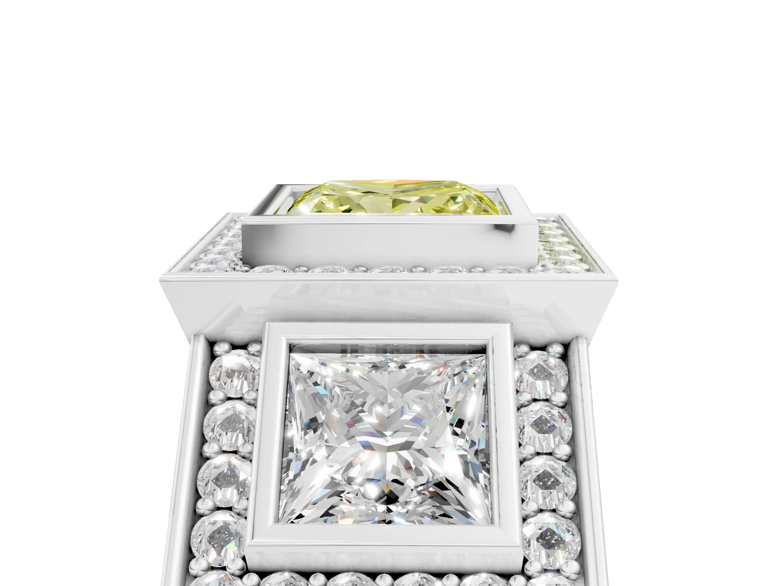 White gold Three-Stone Fancy Yellow Princess Cut Halo Pavé Diamond Ring_5