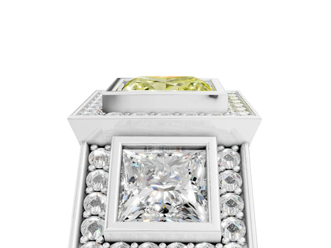 White gold Three-Stone Fancy Yellow Princess Cut Halo Pavé Diamond Ring_5