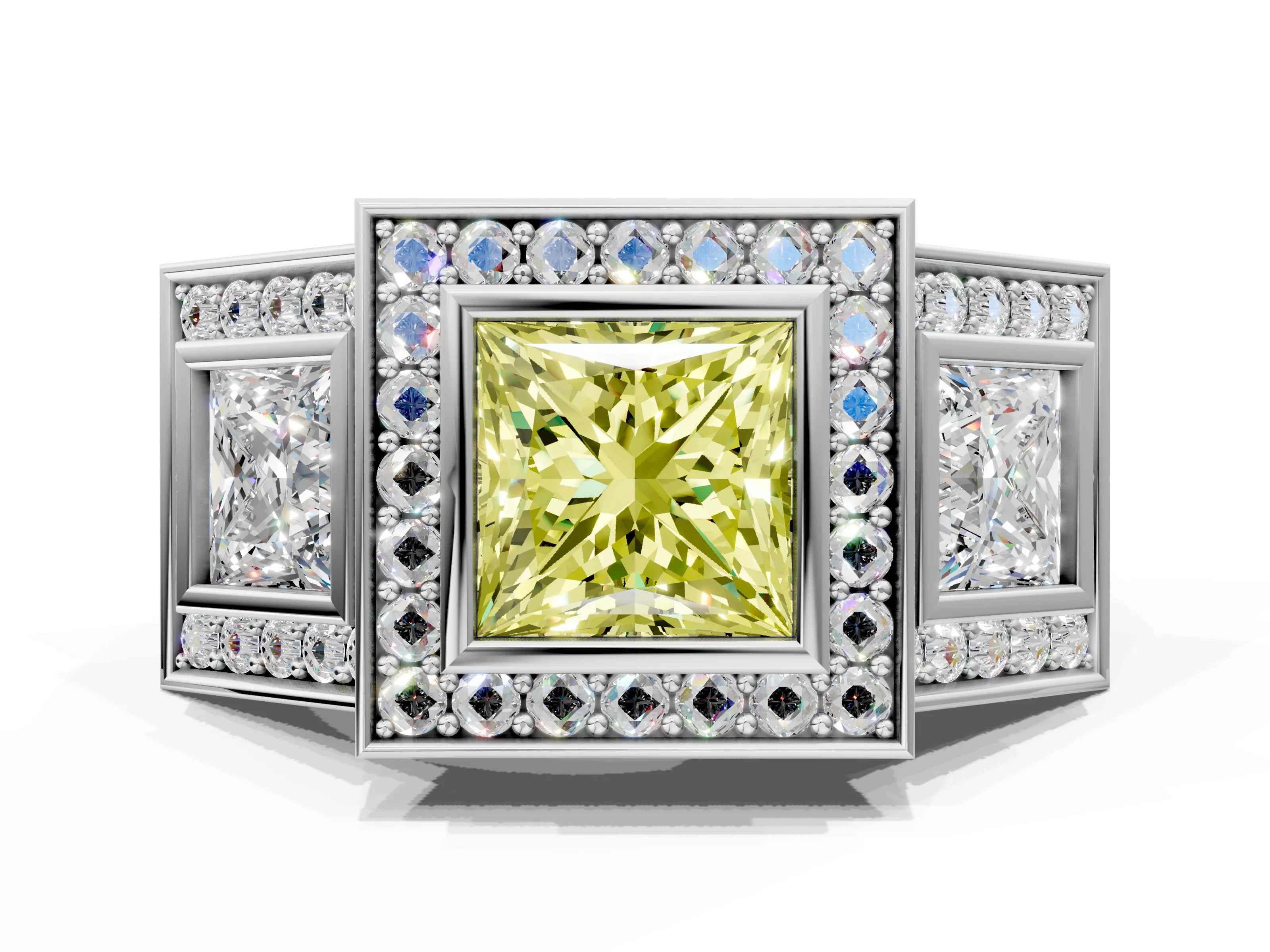 White gold Three-Stone Fancy Yellow Princess Cut Halo Pavé Diamond Ring