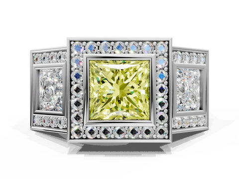 White gold Three-Stone Fancy Yellow Princess Cut Halo Pavé Diamond Ring