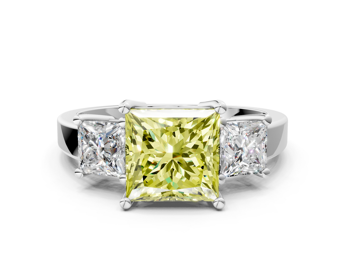White gold Three-Stone Fancy Yellow Princess  Cut Solitaire Ring with Prong Setting_3