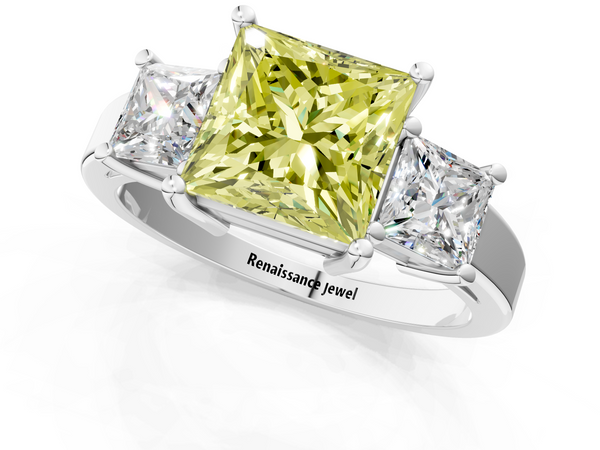 White gold Three-Stone Fancy Yellow Princess  Cut Solitaire Ring with Prong Setting