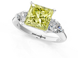 White gold Three-Stone Fancy Yellow Princess  Diamond Ring with Pear Side Stones in Four-Prong Setting_1