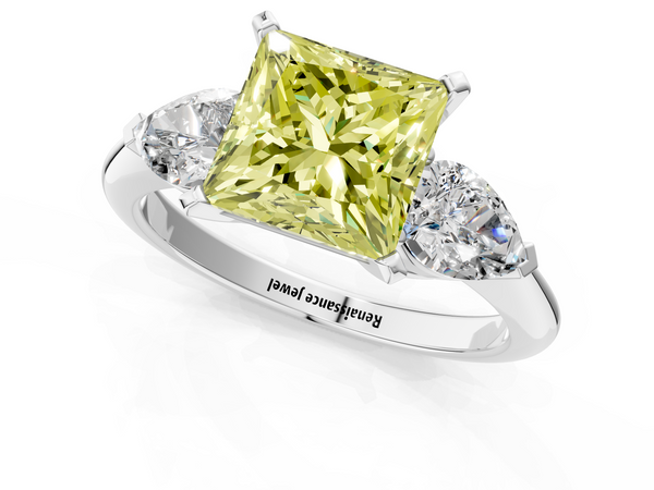 White gold Three-Stone Fancy Yellow Princess Cut Diamond Ring with Pear Side Stones and Four-Prong Setting