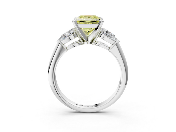 White gold Three-Stone Fancy Yellow Princess Cut Diamond Ring with Pear Side Stones and Four-Prong Setting