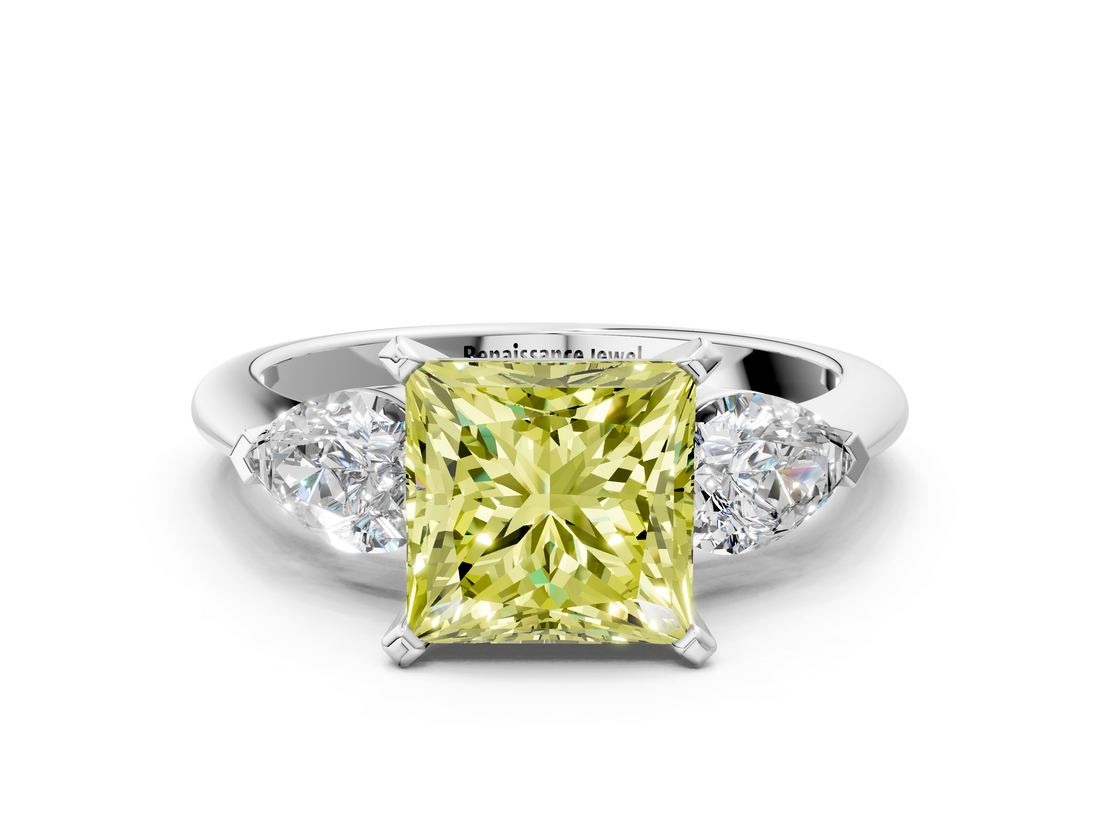 White gold Three-Stone Fancy Yellow Princess  Diamond Ring with Pear Side Stones in Four-Prong Setting
