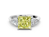 White gold Three-Stone Fancy Yellow Princess  Diamond Ring with Pear Side Stones in Four-Prong Setting