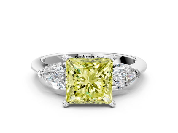 White gold Three-Stone Fancy Yellow Princess Cut Diamond Ring with Pear Side Stones and Four-Prong Setting