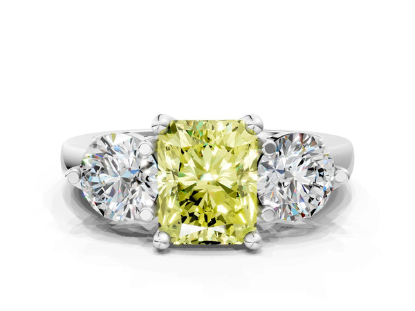 White gold Three-Stone Fancy Yellow Radiant  Brilliant Cut Solitaire Ring with Prong Setting on a Classic Band