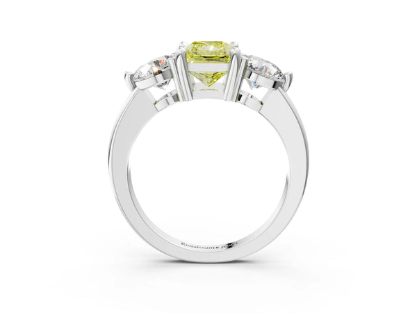 White gold Three-Stone Fancy Yellow Radiant  Brilliant Cut Solitaire Ring with Prong Setting on a Classic Band
