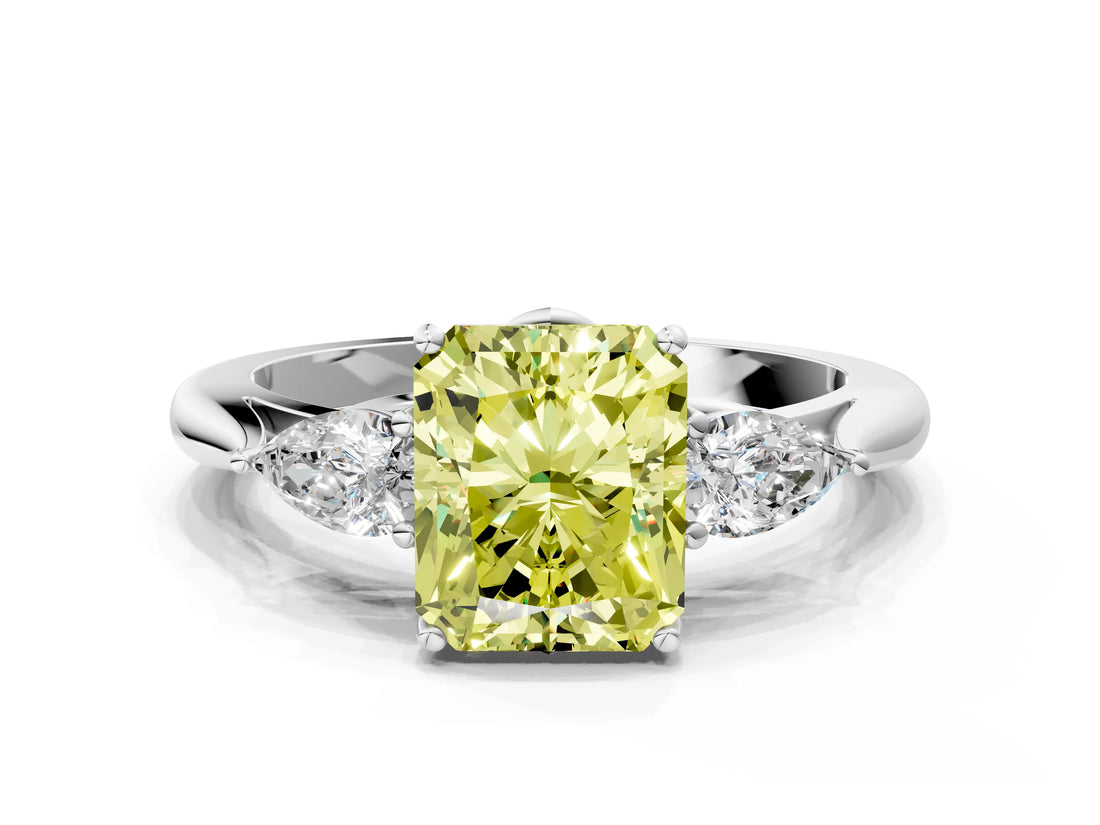 White gold Three-Stone Fancy Yellow Radiant Cut Brilliant Diamond Solitaire Ring with Tapered Band and Four-Prong Setting_31