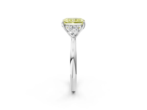 White gold Three-Stone Fancy Yellow Radiant Cut Brilliant Diamond Solitaire Ring with Tapered Band and Four-Prong Setting
