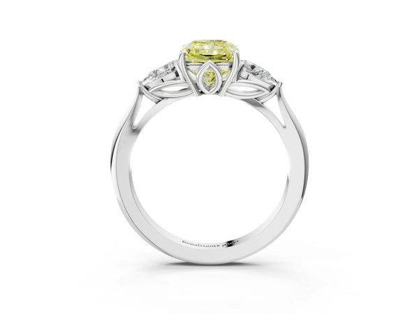 White gold Three-Stone Fancy Yellow Radiant Cut Brilliant Diamond Solitaire Ring with Tapered Band and Four-Prong Setting