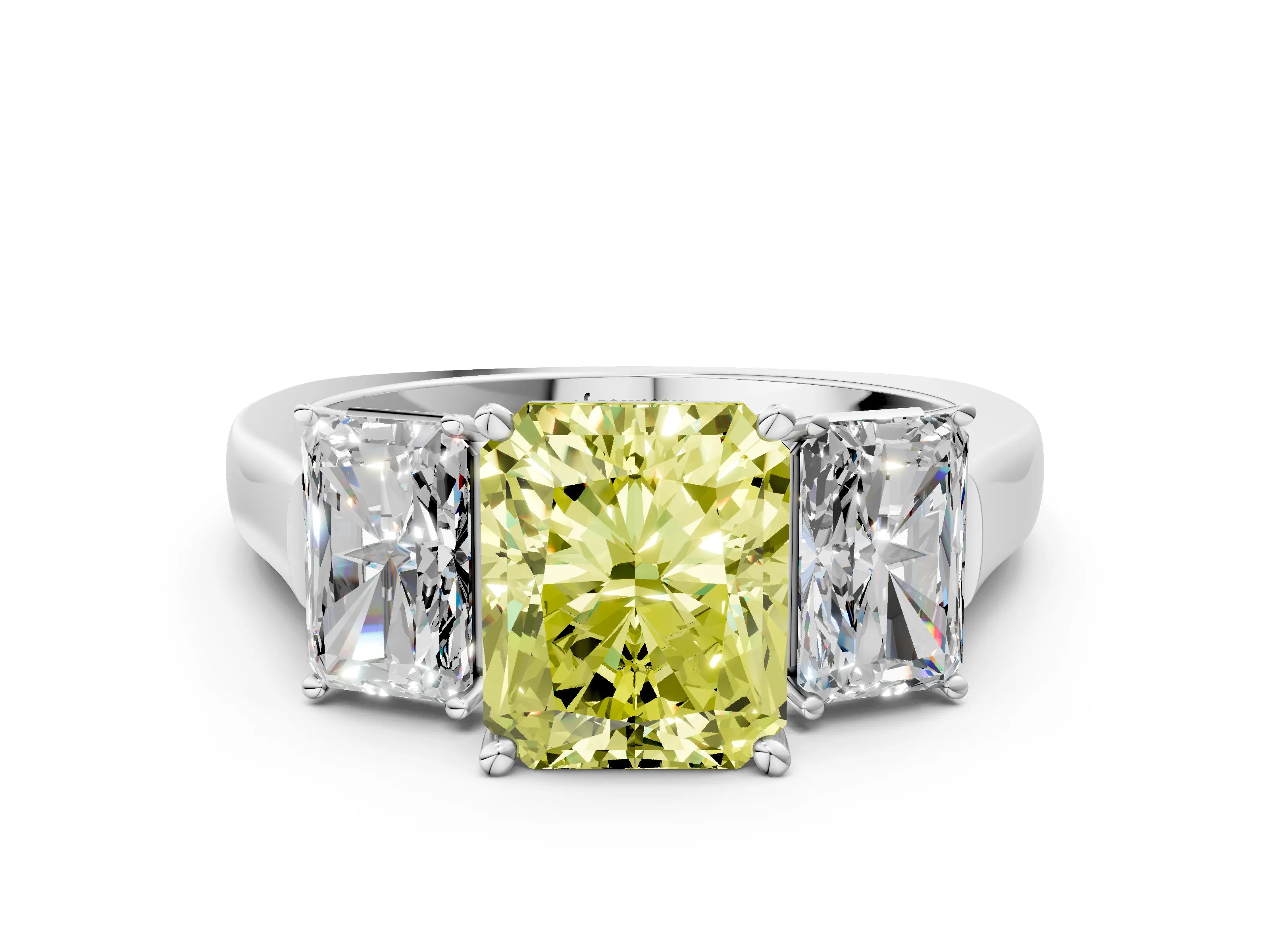 White gold Three-Stone Fancy Yellow Radiant Cut Brilliant Diamond Trellis Ring with Comfort Fit Band_12