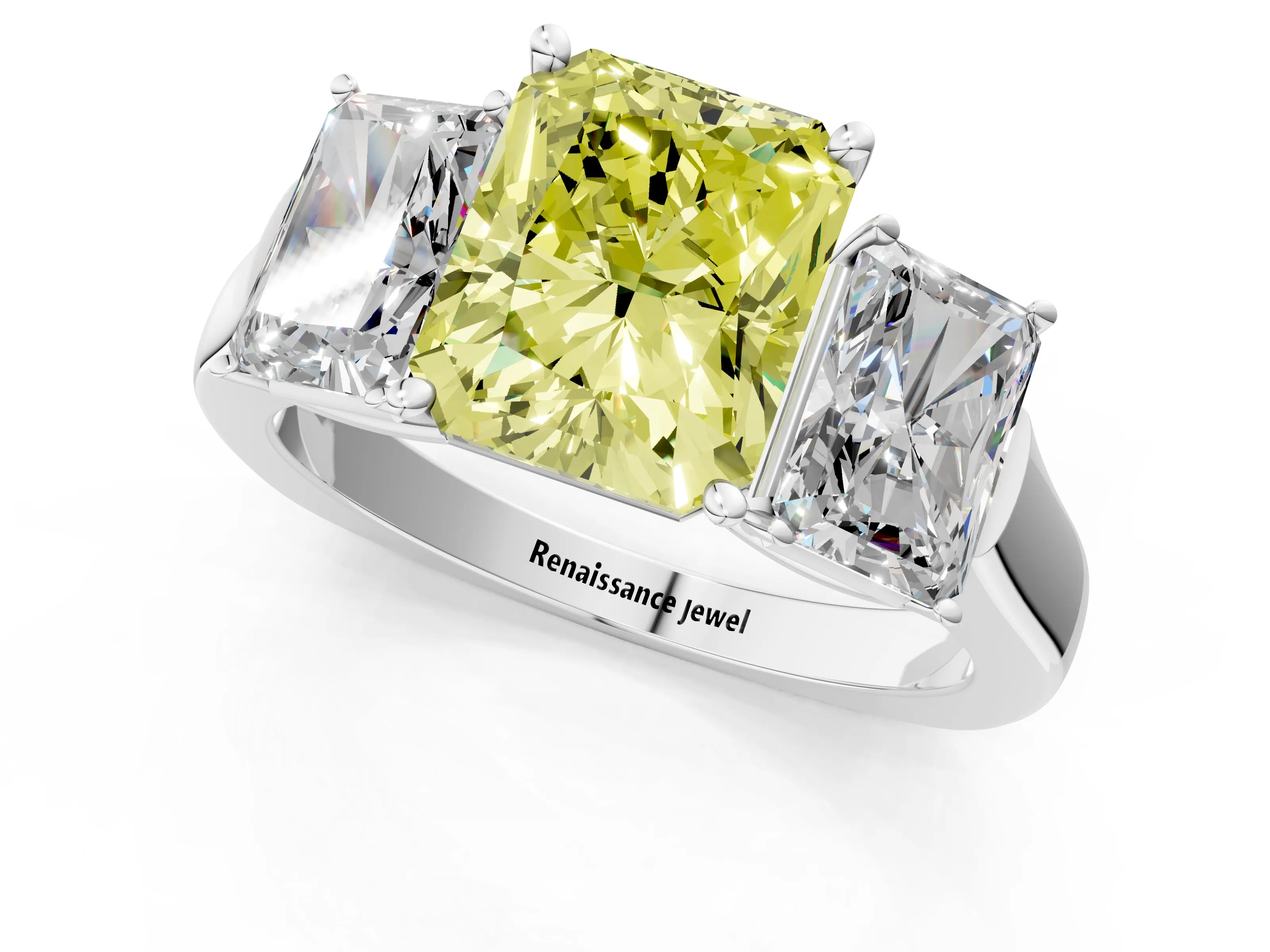White gold Three-Stone Fancy Yellow Radiant Cut Brilliant Diamond Trellis Ring with Comfort Fit Band_13