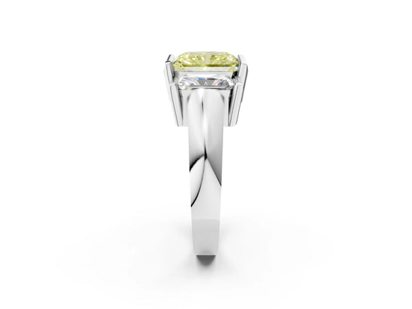 White Gold Radiant Cut Channel Set Three Stone Engagement Ring Setting for Fancy Yellow Center