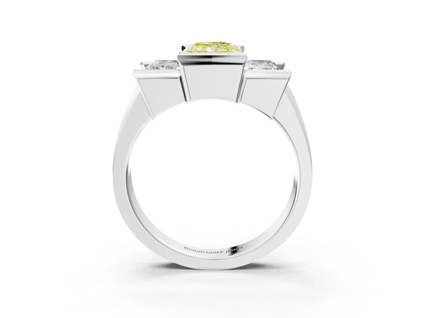 Platinum Radiant Cut Channel Set Three Stone Engagement Ring Setting for Fancy Yellow Center